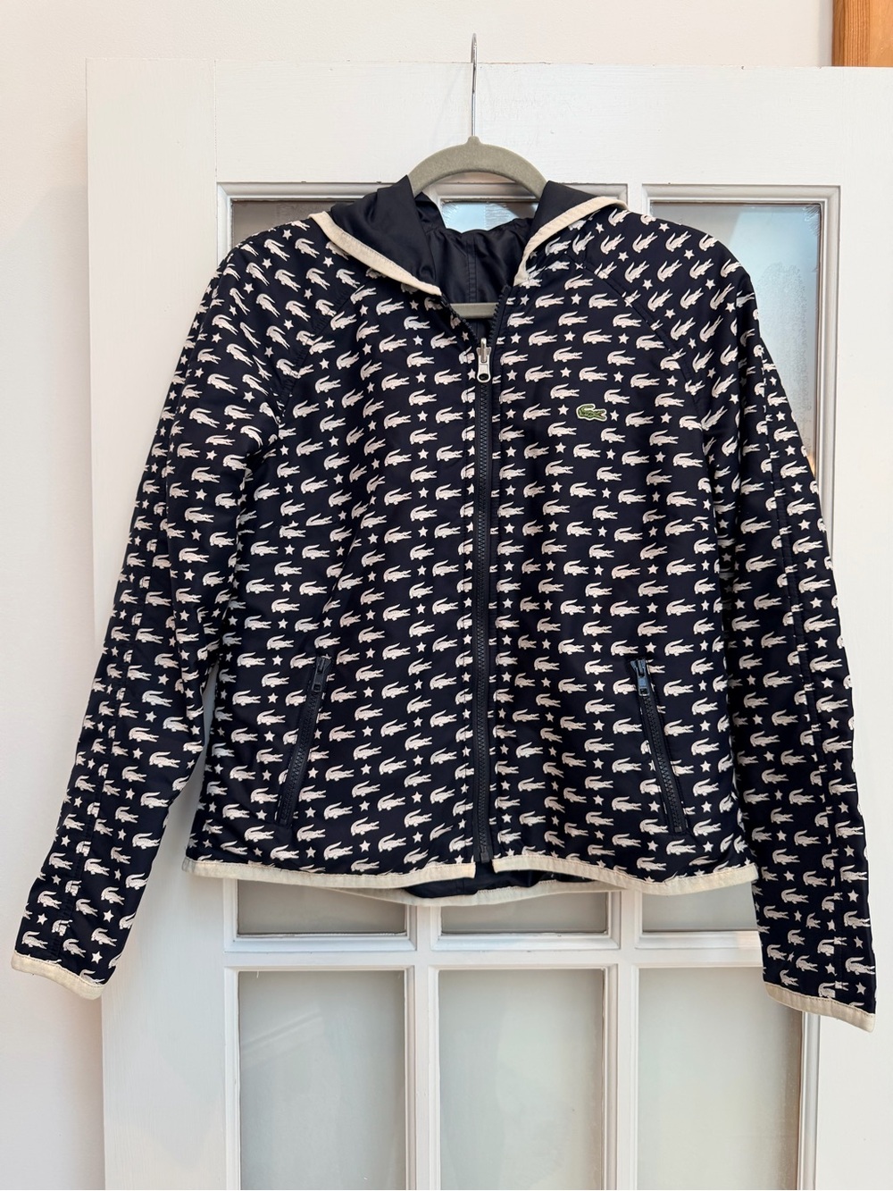 Vintage Lacoste 90’s Y2K Reversible Navy Croc Print Hooded Jacket Size Medium US